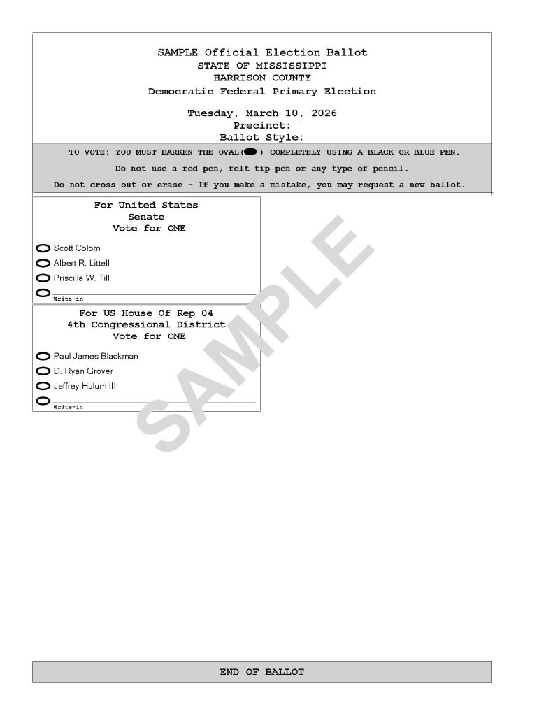Democratic Primary Election Sample Ballot March 10, 2026